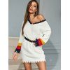 Frayed Trim Color Blocking Tunic Sweater Dress - WHITE S