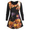 T-shirt Imprimé Citrouille Drôle Halloween à Manches Longues Grande Taille - Noir L