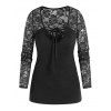 T-shirt Fleur en Dentelle Insérée à Manches Longues avec Lacets - Noir L