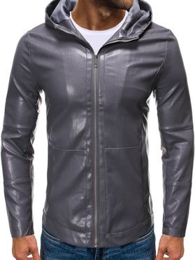Hooded Zip Up Faux Leather Jacket