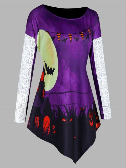 Halloween Pumpkin Bat Pattern Sheer Lace Sleeve Asymmetric T Shirt