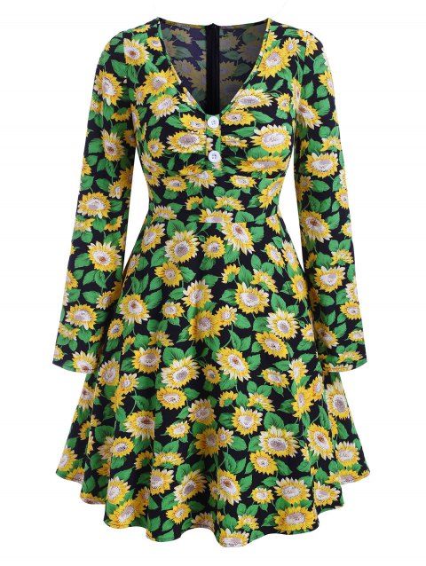 Robe Motif de Tournesol avec Bouton à Col V