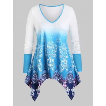 

Plus Size Ombre Color Tribal Print Handkerchief T Shirt, Light blue