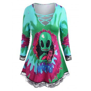 

Plus Size Halloween Tie Dye Alien Print Tee, Green