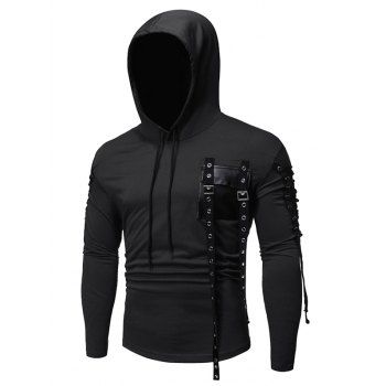

Lace-up Buckle Strap Pocket Hoodie, Black
