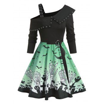 

Cold Shoulder Halloween Print Belted Mini Dress, Clover green