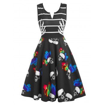 

V Notched Skull Butterfly Print Sleeveless Knee Length Dress, Multicolor a