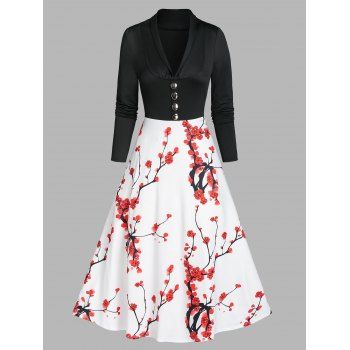 

Plum Flower Print Shawl Collar Mid Calf A Line Dress, Multicolor a