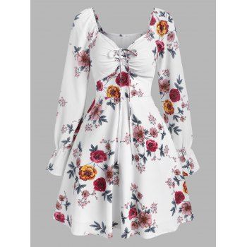 Image of Floral Print Poet Sleeve Mini A Line Dress