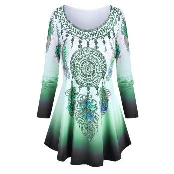 

Scoop Neck Dreamcatcher Feather Pattern Gradient T Shirt, Cool white