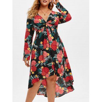 

Plus Size Flower Leaf Printed Twist Dress, Black