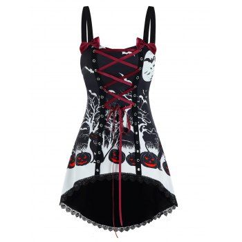 

Halloween Night Pumpkin Print Lace-up High Low Tank Top, Multicolor a