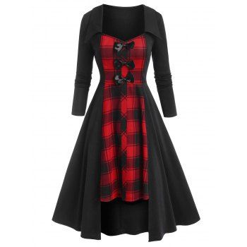 

Plaid Print Bow Detail High Low Midi Dress, Black