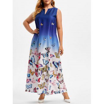 

Plus Size Ombre Color Butterfly Print Maxi Dress, Deep blue
