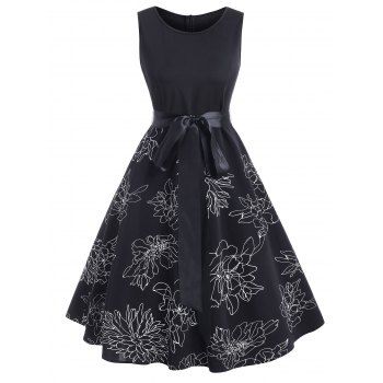 

Floral Print Belted A Line Sleeveless Dress, Black