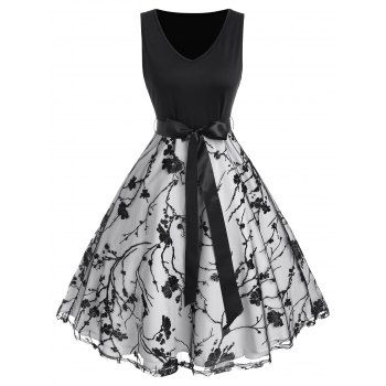 

Floral Mesh Ribbon Bowknot A Line Dress, Black