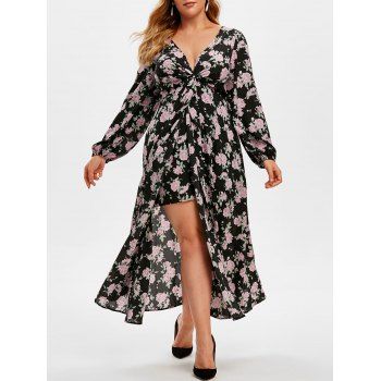 

Plus Size Plunge Floral Print High Low Midi Dress, Black