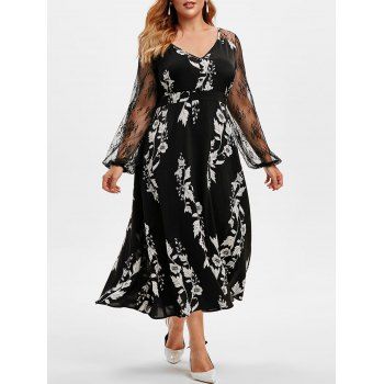 

Plus Size Floral Print Lace Sleeve Dress, Black