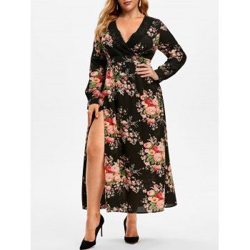 

Plus Size Lace Crochet Floral Print High Slit Dress, Black