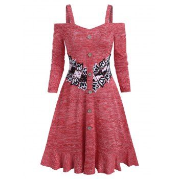 

Space Dye Print Flower Lace Panel Cold Shoulder Dress, Red