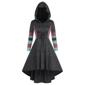 

Colorblock High Waist High Low Hooded Dress, Dark slate grey