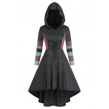 

Colorblock High Waist High Low Hooded Dress, Dark slate grey