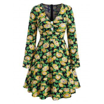 

Sunflower Pattern Button V Neck Dress, Pine green