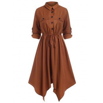 

Roll Tab Sleeve Tie Waist Asymmetric Shirt Dress, Coffee