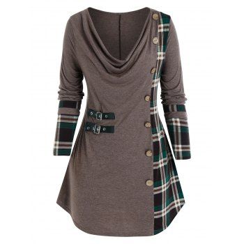 

Plus Size Plaid Cowl Front Long Sleeve Buckle Tee, Coffee