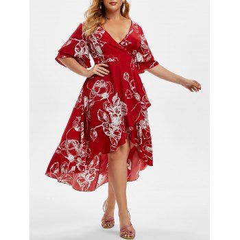 

Plus Size Floral Print High Low Bell Sleeve Midi Dress, Red