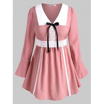 

Plus Size Bowknot Lace Trim Poet Sleeve Top, Light pink