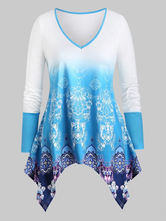T-shirt Mouchoir Ombré Ethnique Imprimé de Grande Taille - Bleu clair 5X
