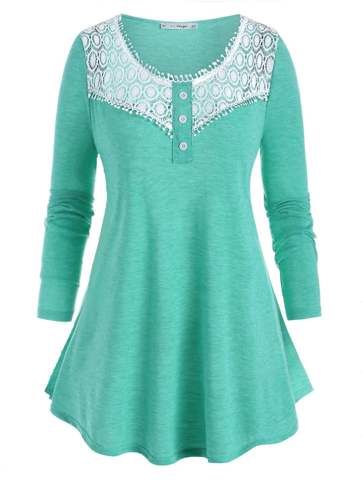 Plus Size Lace Crochet Tunic T Shirt - GREEN 5X