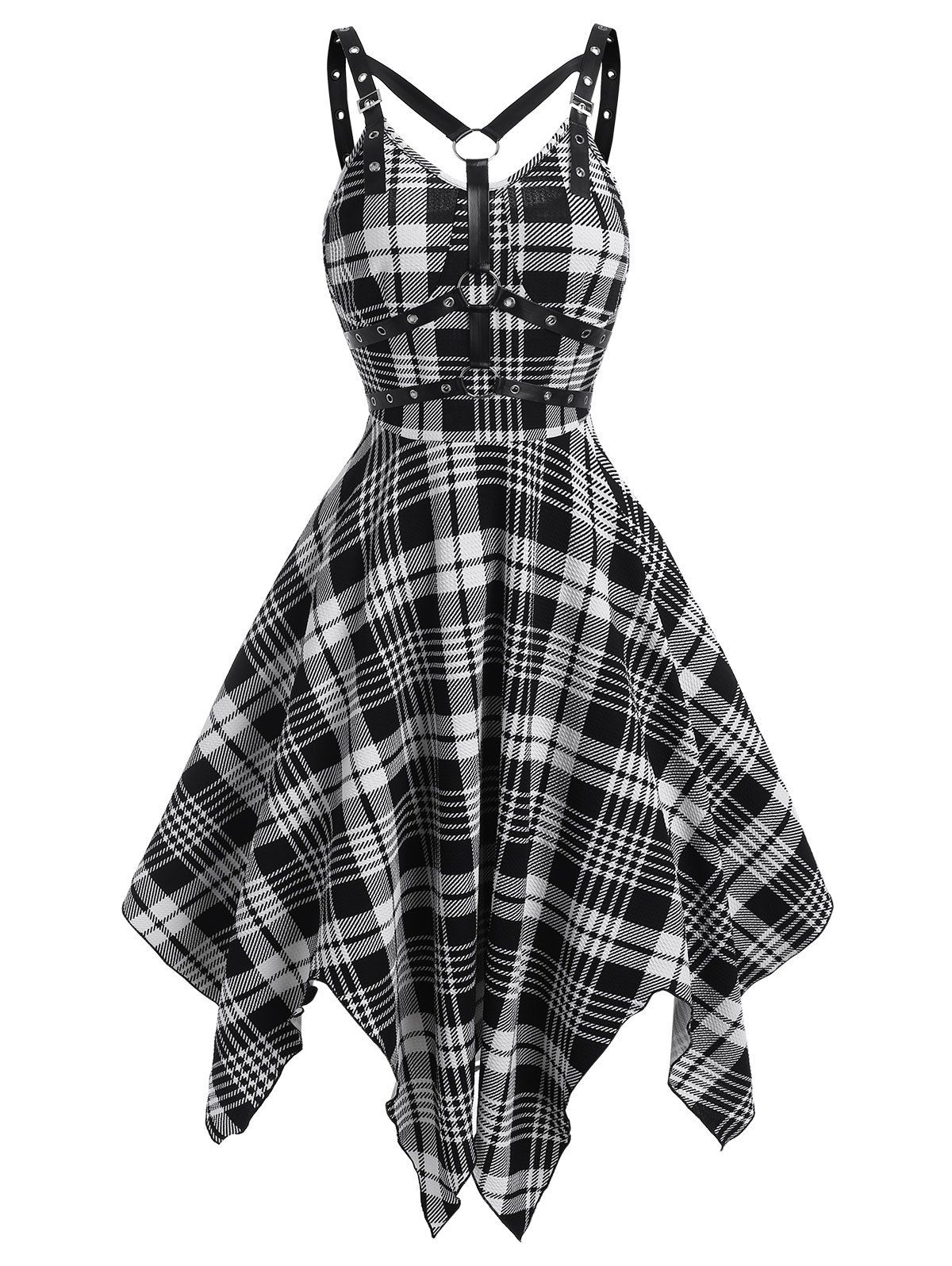 [23% OFF] 2022 Checkered Pattern A Line Handkerchief Dress In BLACK ...