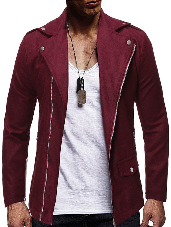 Zip Up Zipper Detail Wool Blend Jacket - RED WINE 1XL