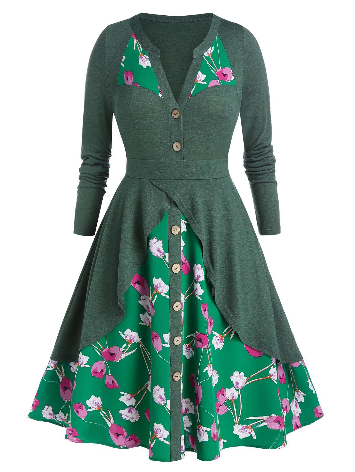 Plus Size V Neck Floral Print Knee Length Dress - SEA TURTLE GREEN L