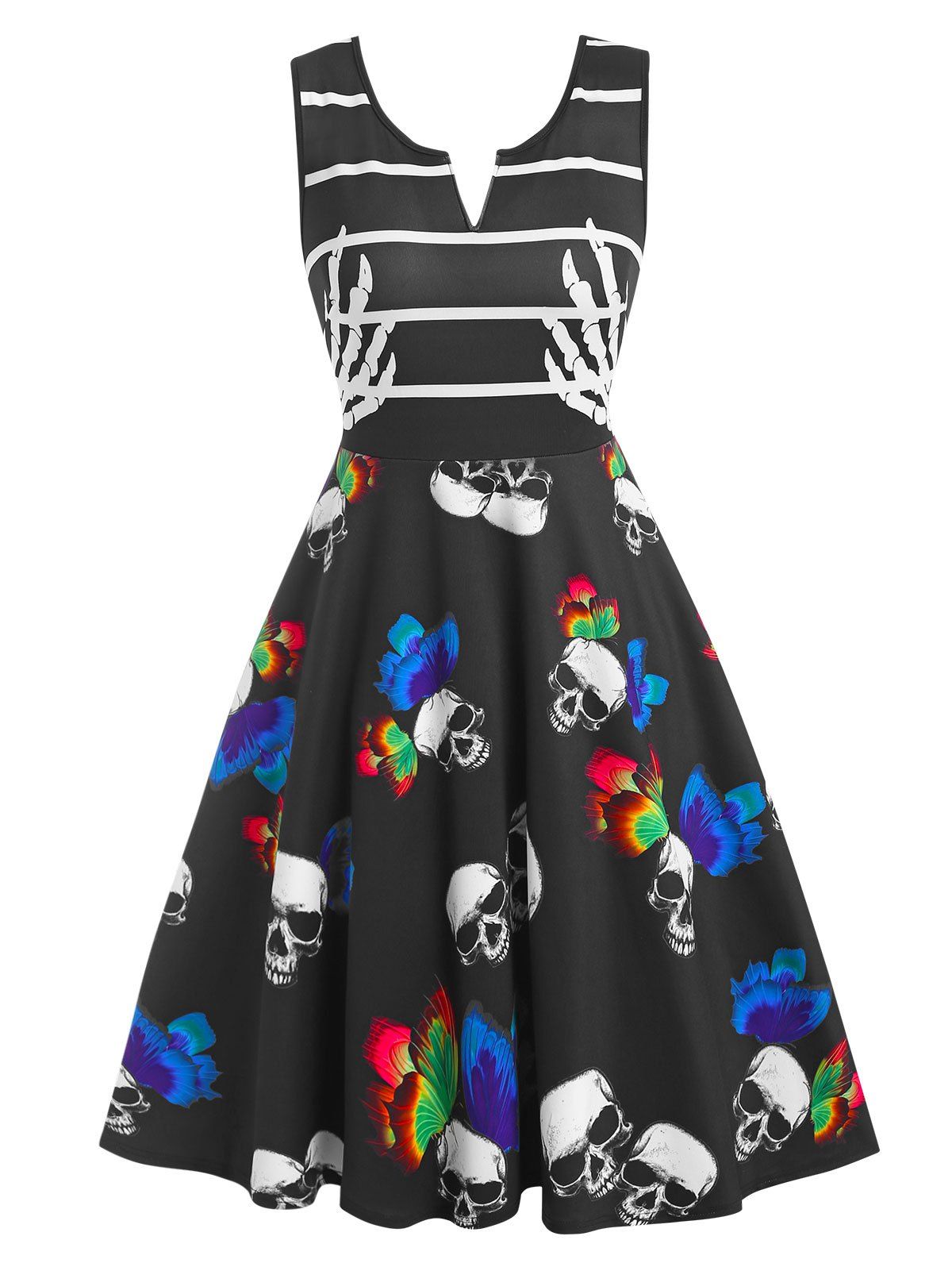 V Notched Skull Butterfly Print Sleeveless Knee Length Dress - multicolor A 3XL