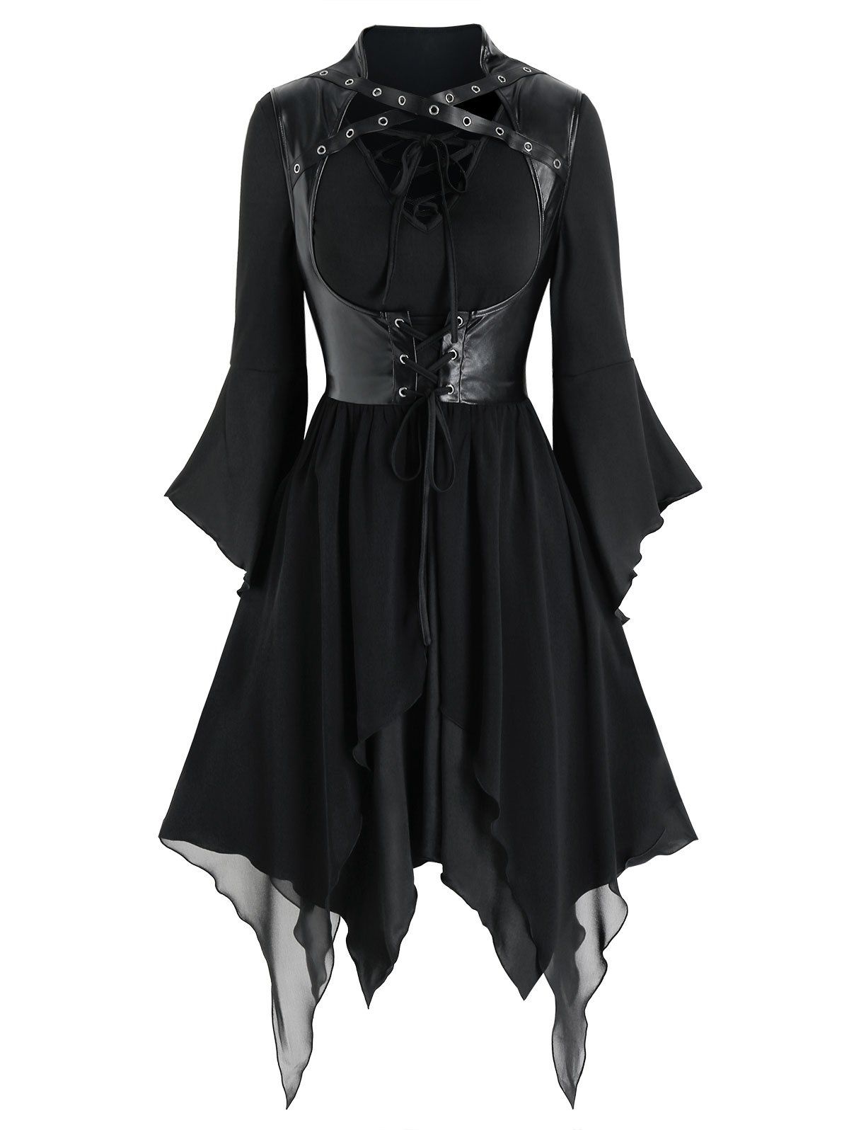 Lace-up Handkerchief Dress and Faux Leather Vest - BLACK 3XL