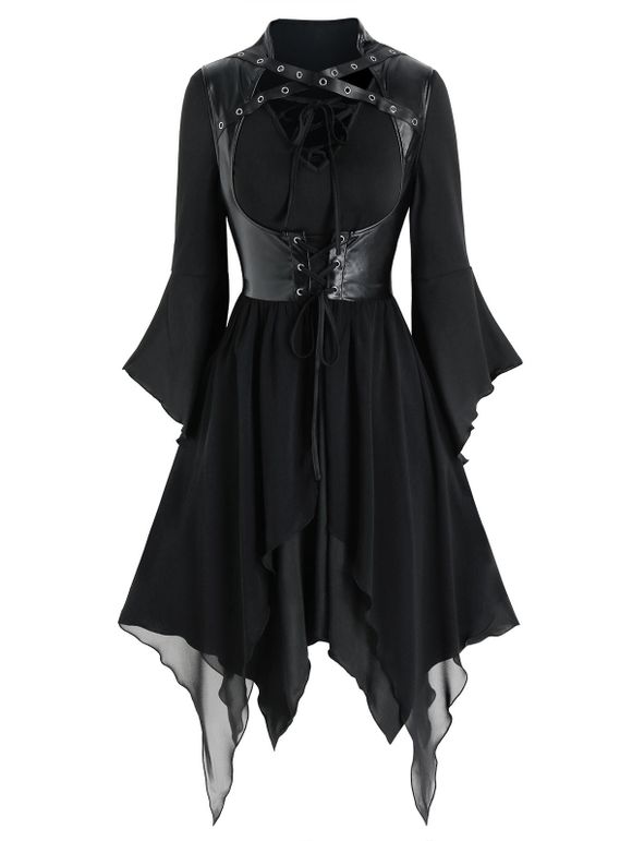 Robe Mouchoir avec Lacets et Gilet en Faux Cuir - Noir 3XL