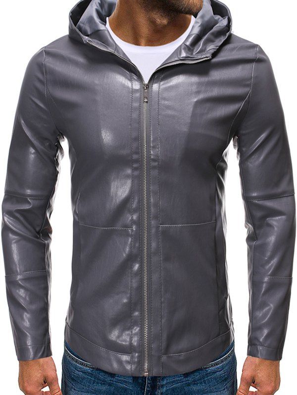 Hooded Zip Up Faux Leather Jacket - CARBON GRAY 2XL