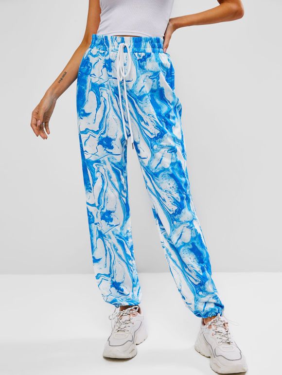 Pantalon Agate Imprimé à Taille Haute avec Noeud Papillon - Bleu clair L