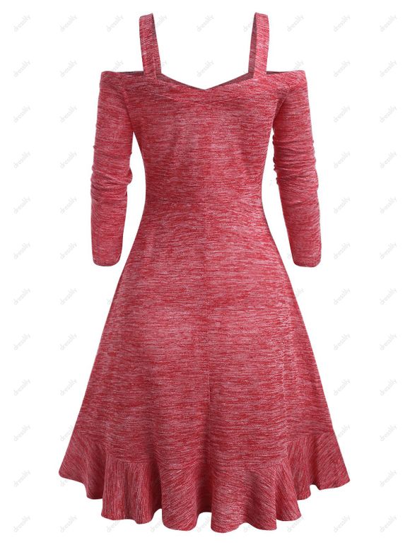 Robe Teintée Imprimée Fleur Panneau en Dentelle à Epaule Dénudée - Rouge XL