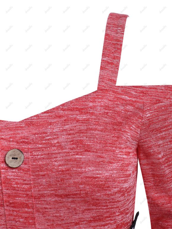 Robe Teintée Imprimée Fleur Panneau en Dentelle à Epaule Dénudée - Rouge XL