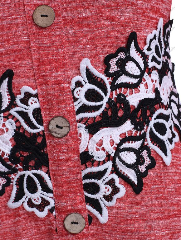 Robe Teintée Imprimée Fleur Panneau en Dentelle à Epaule Dénudée - Rouge XL