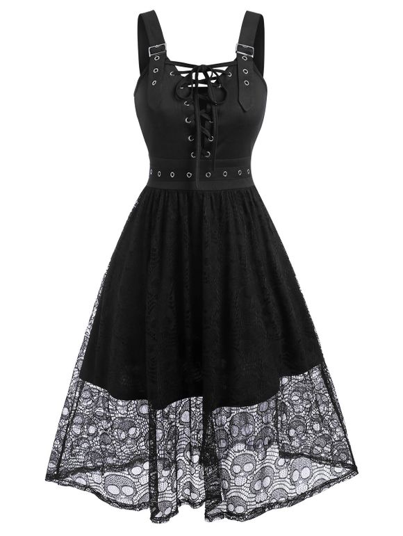 Halloween Skull Lace Insert Sleeveless Lace-up Gothic Dress - BLACK L
