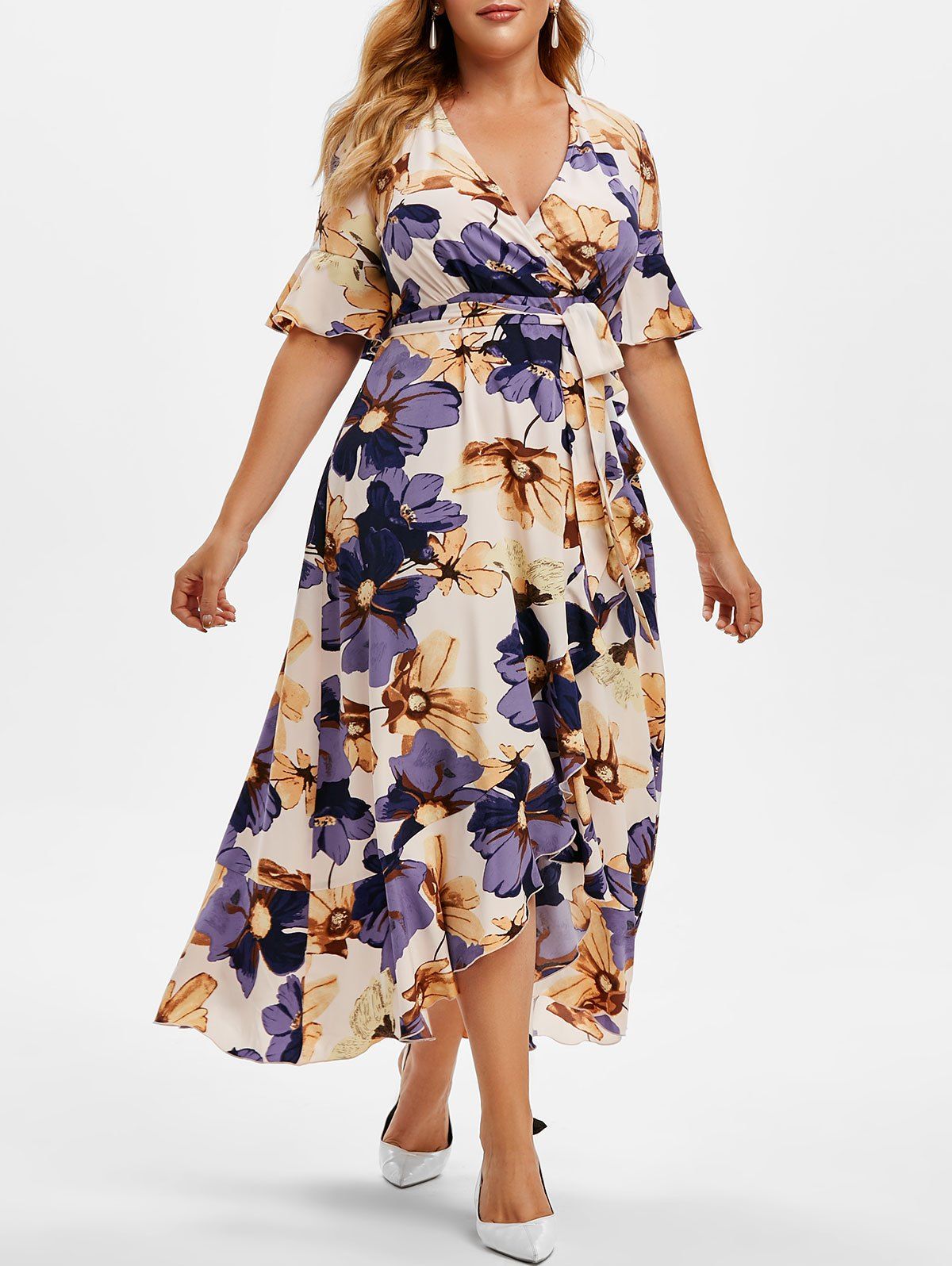 [37% OFF] 2021 Plus Size Floral Print Ruffled High Low Maxi Dress In ...