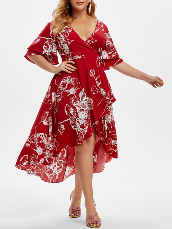 Robe Mi-Longue Haute Basse Fleurie Imprimée de Grande Taille à Manches de Cloche - Rouge 5X