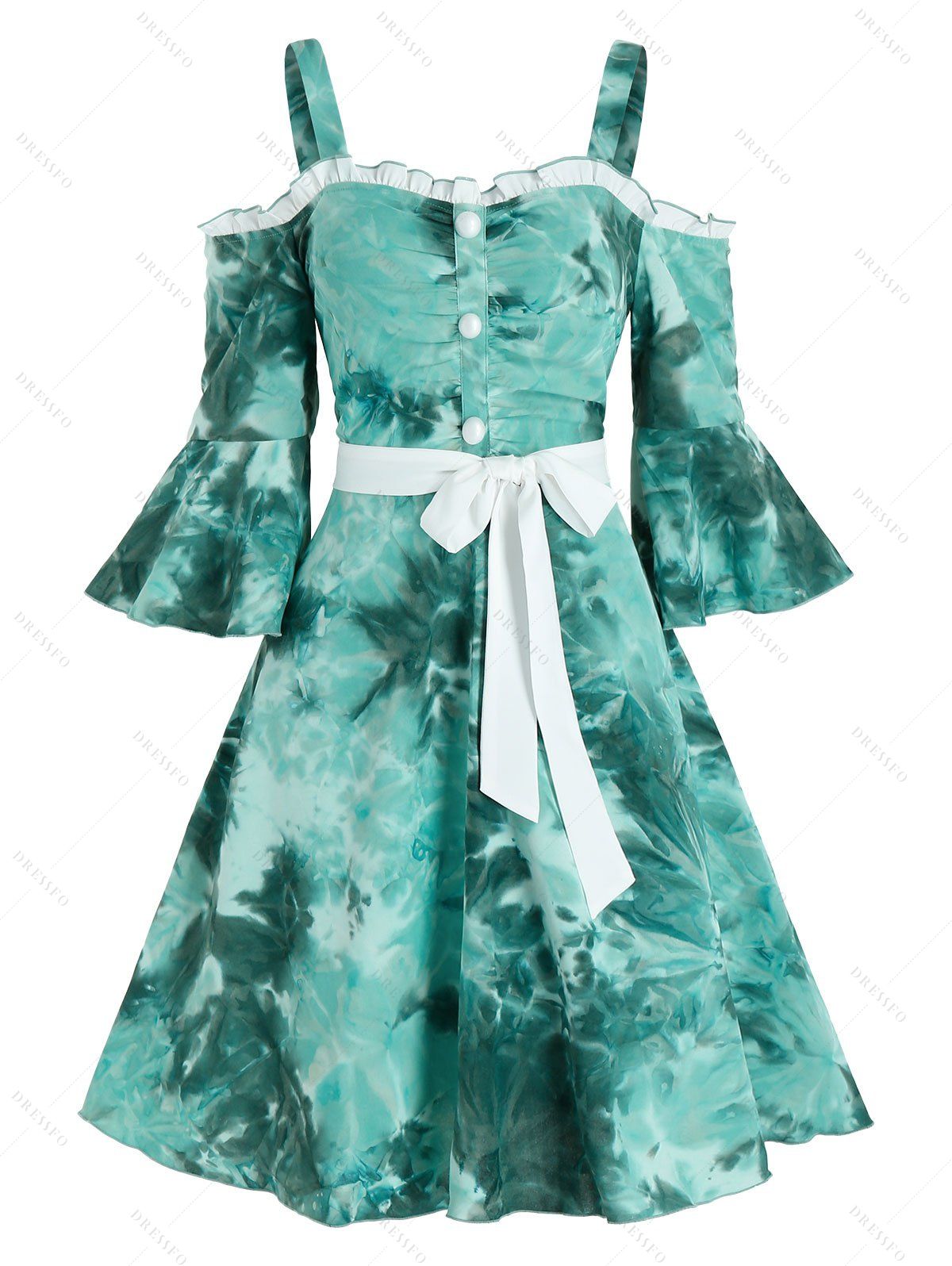 Tie Dye A Line Mini Dress Cold Shoulder Flare Sleeve Ruffled Mock Button Bowknot Belted Dress - LIGHT SEA GREEN 2XL