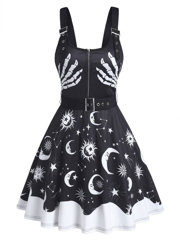 Robe D'Halloween Ceinturée Lune Etoile et Soleil Squelette Imprimés sans Manches - Noir L