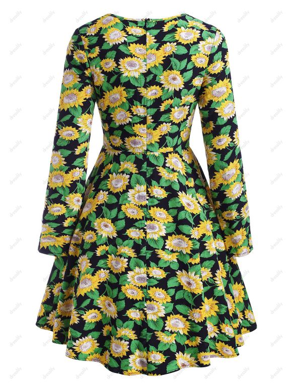 Robe Motif de Tournesol avec Bouton à Col V - Vert Pin M